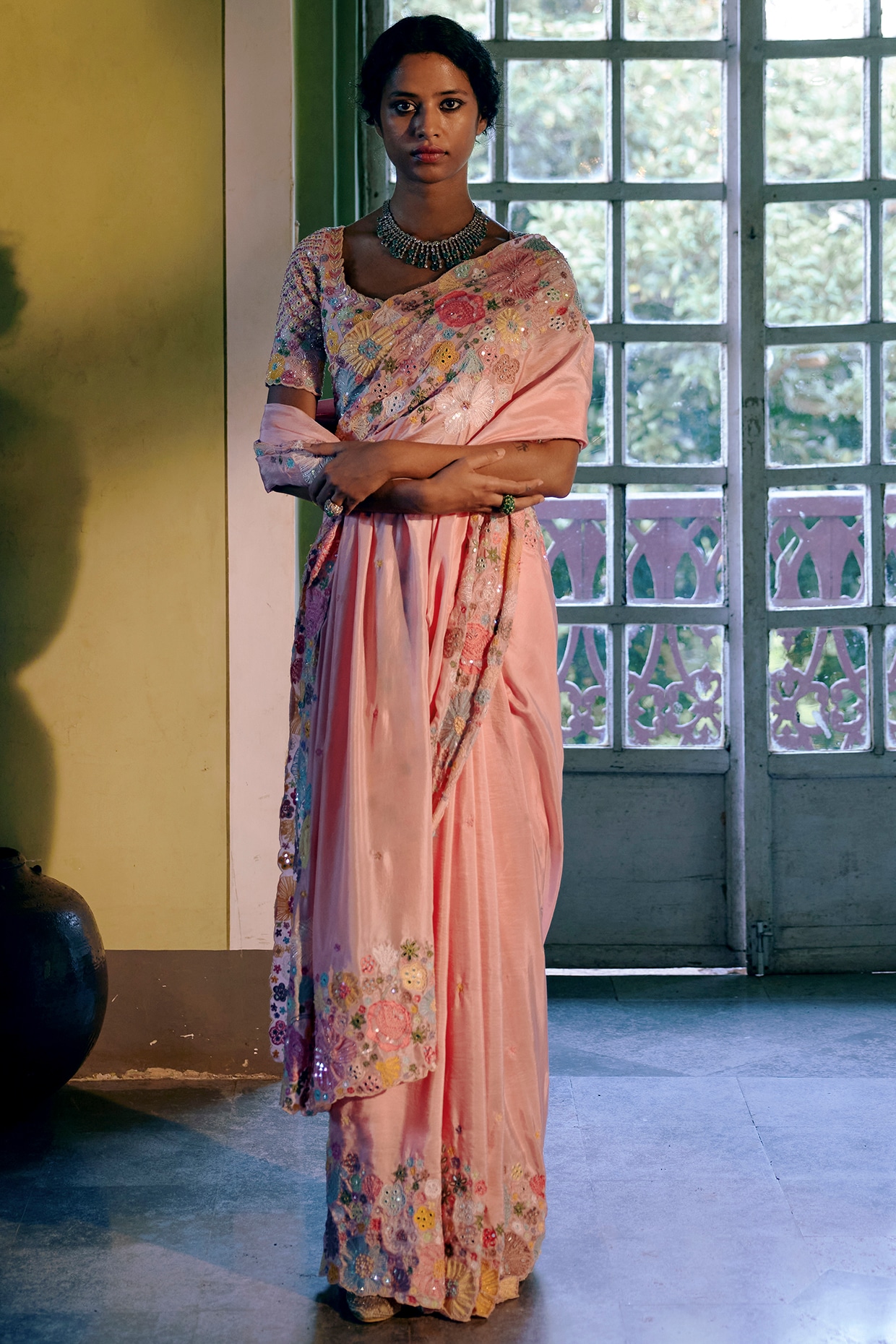 Light Rose Pink Floral Embroidered Saree Set Design by Mishru at Pernia's  Pop Up Shop 2024