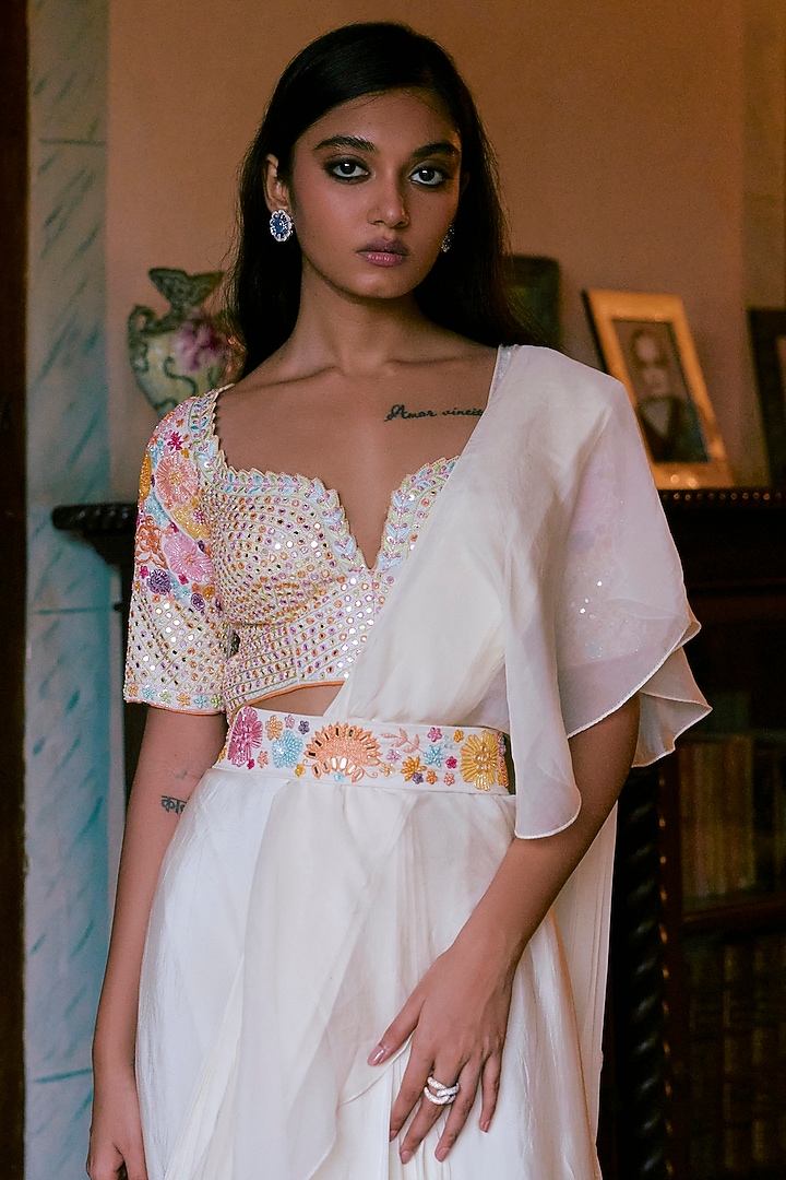 Ivory Crepe & Organza Ruffled Reception Saree Set by Mishru at Pernia's Pop Up Shop
