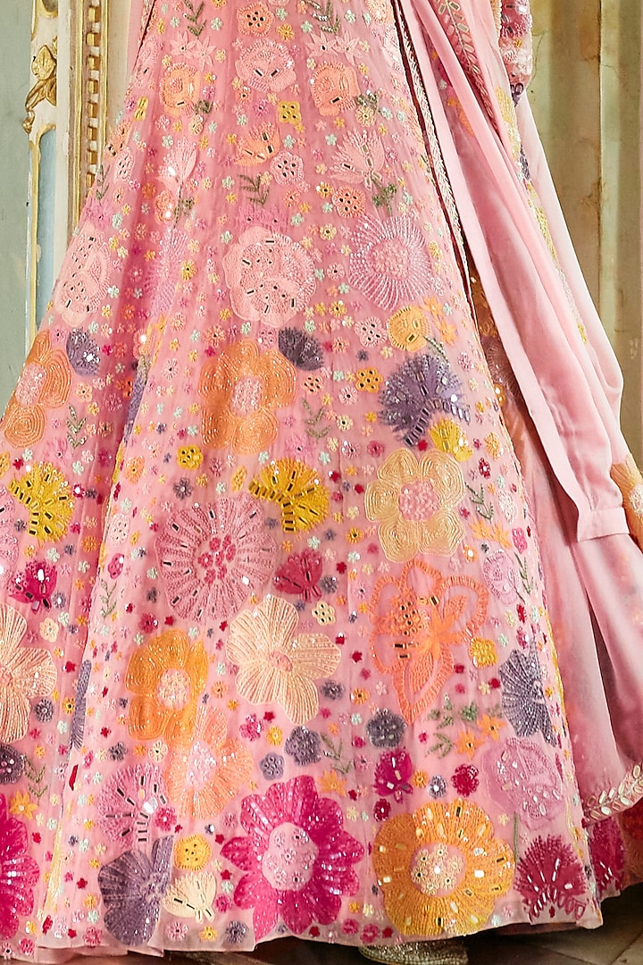 Baby Pink Floral Embroidered Bridal Lehenga Set by Mishru at Pernia's Pop Up Shop