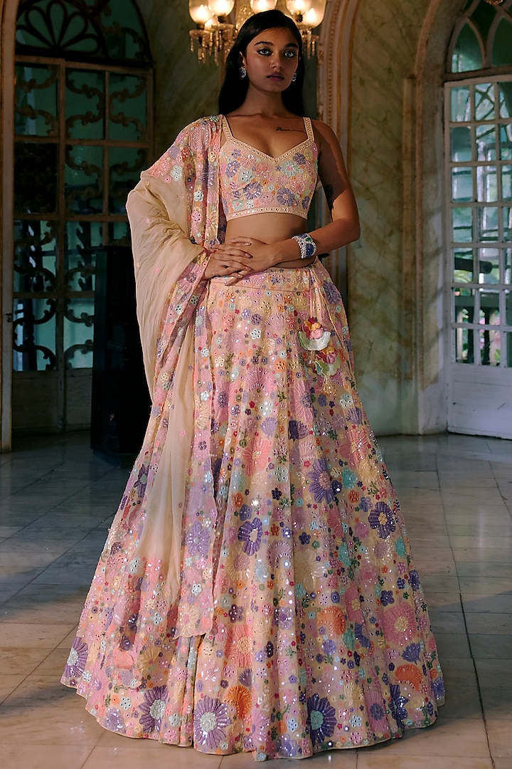 Gentle Yellow Floral Embroidered Lehenga Set by Mishru