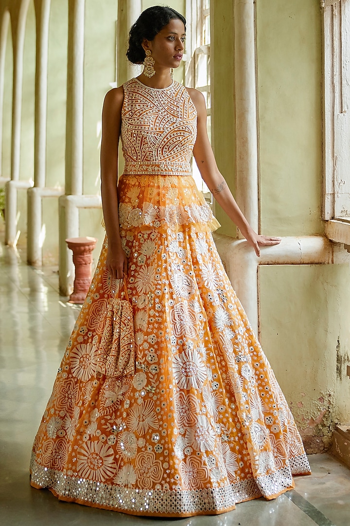 Tangerine Floral Embroidered Lehenga Set by Mishru