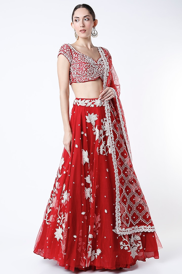 Fiery Red Embroidered Lehenga Set by Mishru