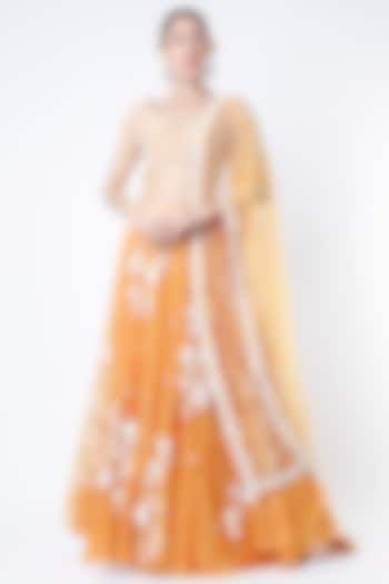 Summer Orange Embroidered Lehenga Set by Mishru