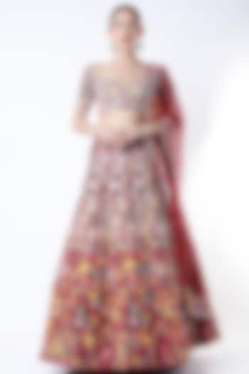 Cadmium Red Floral Embroidered Lehenga Set by Mishru