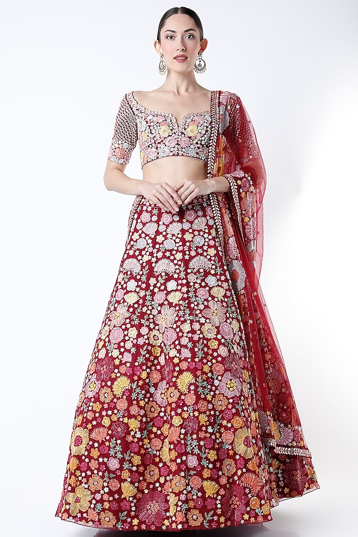 Cadmium Red Floral Embroidered Lehenga Set by Mishru