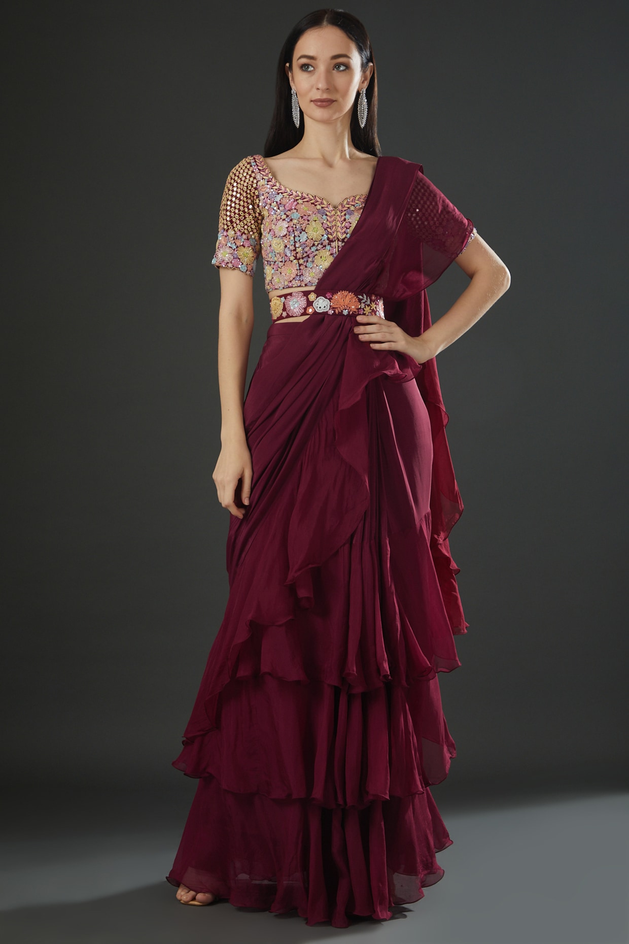 Plazo stitched saree with sequence designer blouse, plazo saree