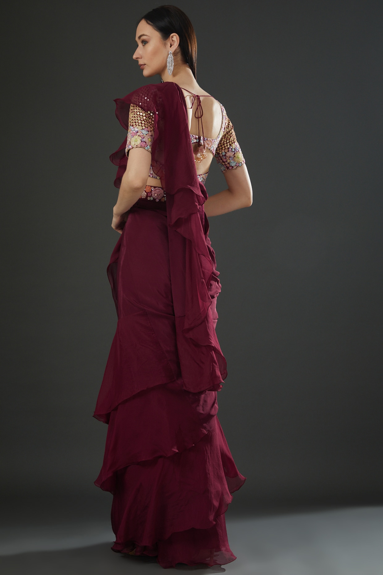 Maroon Colour With Ruffle Net Saree – Sulbha Fashions