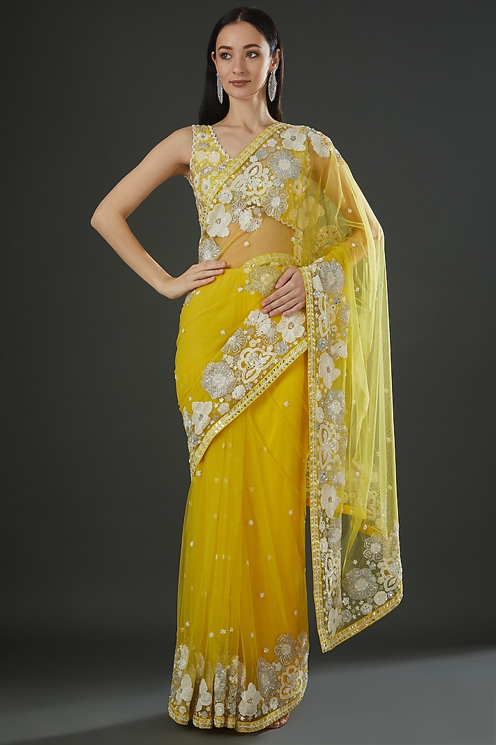 Yellow Embroidered Saree Set by Mishru