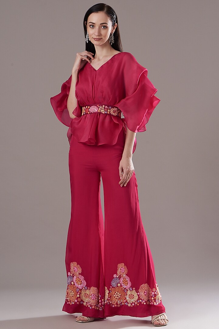 Fuschia Organza Floral Embroidered Pant Set by Mishru