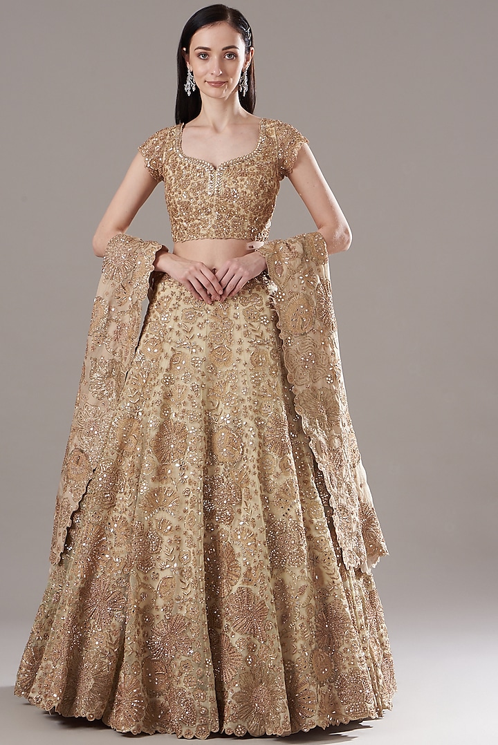 Gold Embroidered Lehenga Set by Mishru