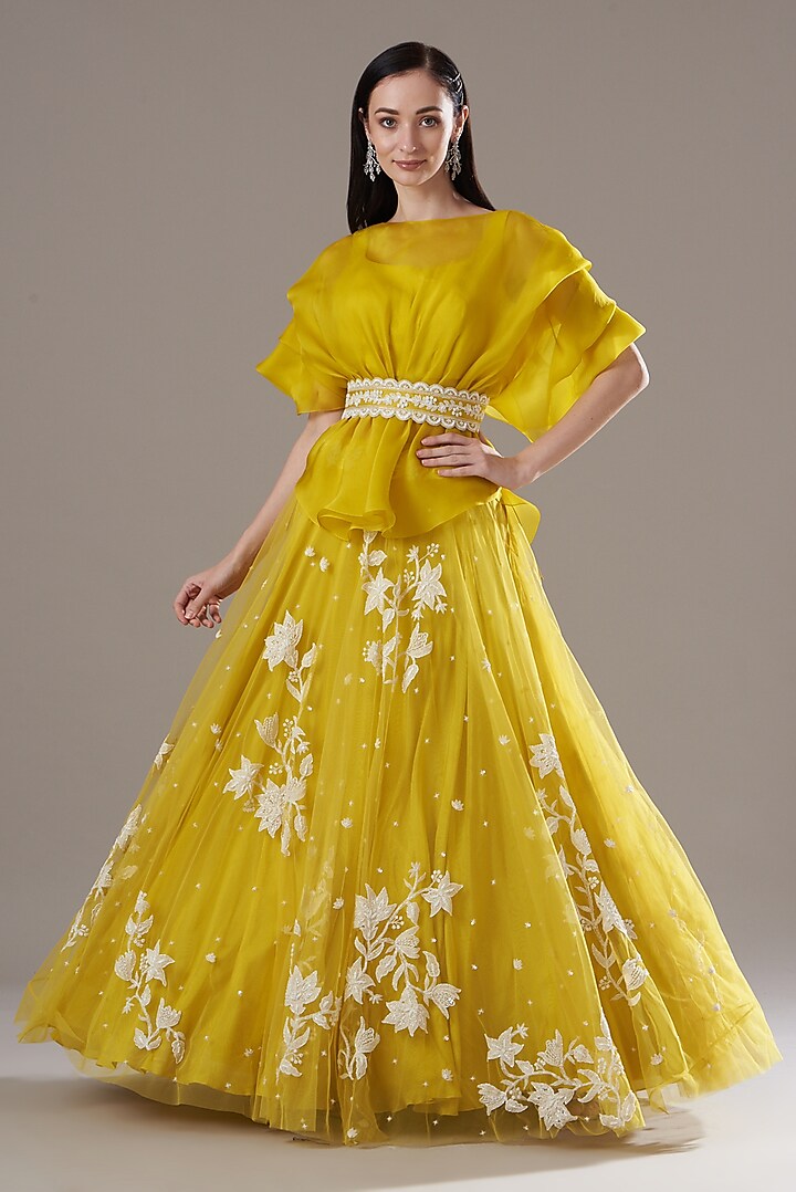 Yellow Embroidered Lehenga Set by Mishru