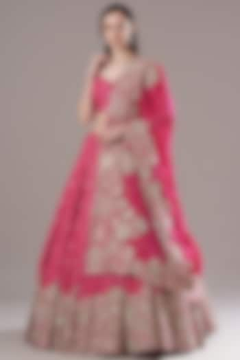 Fuchsia Embroidered Lehenga Set by Mishru