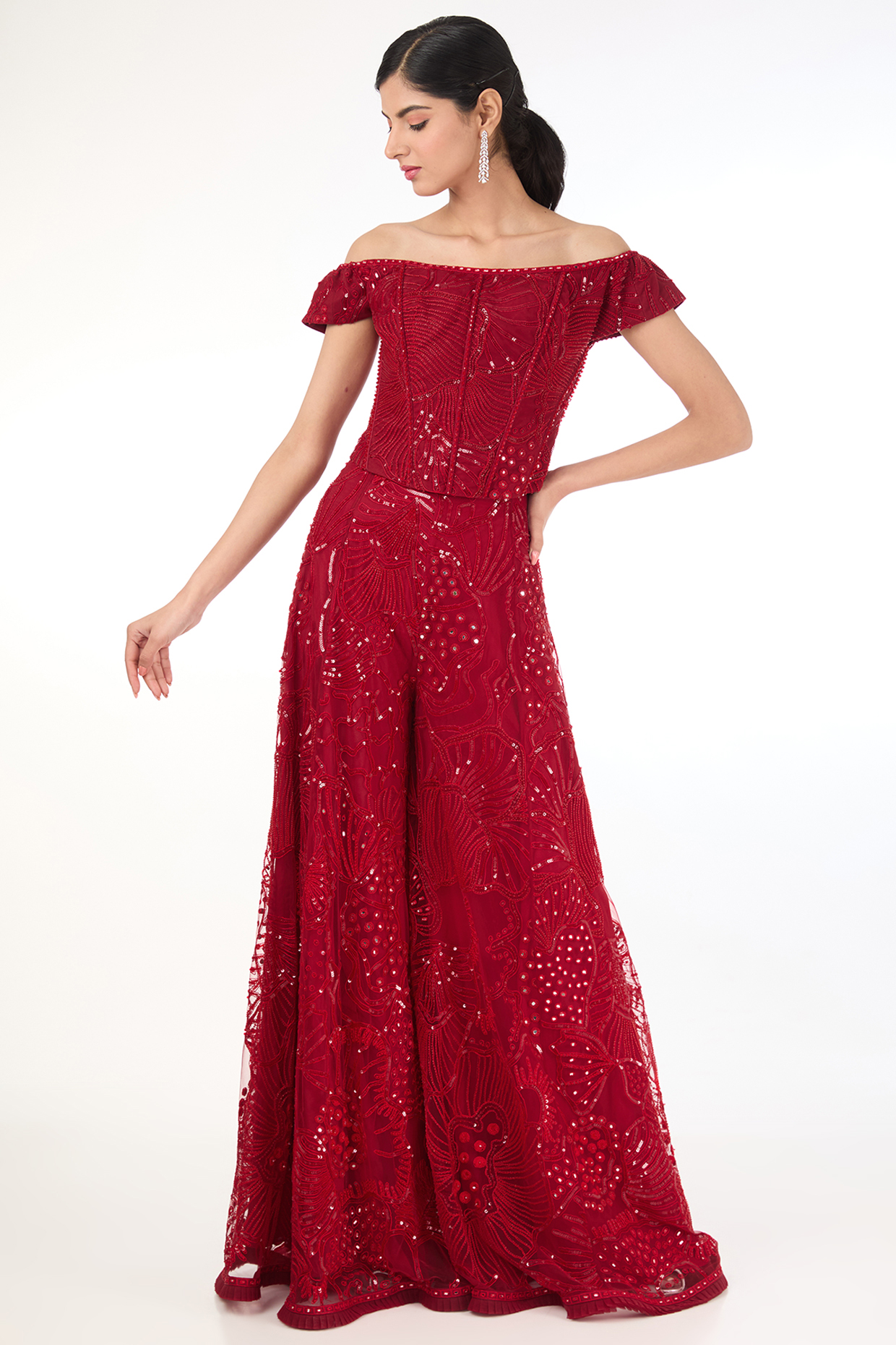 Red Tulle Embroidered Off-Shoulder Tunic Set by Mishru at Pernia's Pop Up Shop