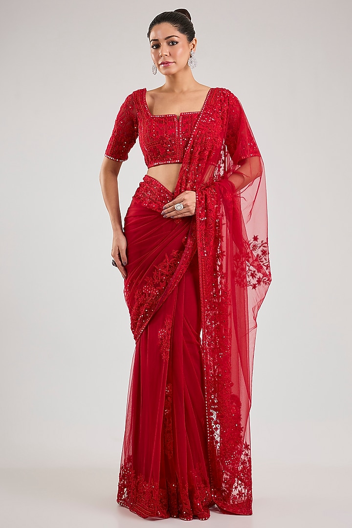 Red Silk Bridal Saree Set by Mishru at Pernia's Pop Up Shop