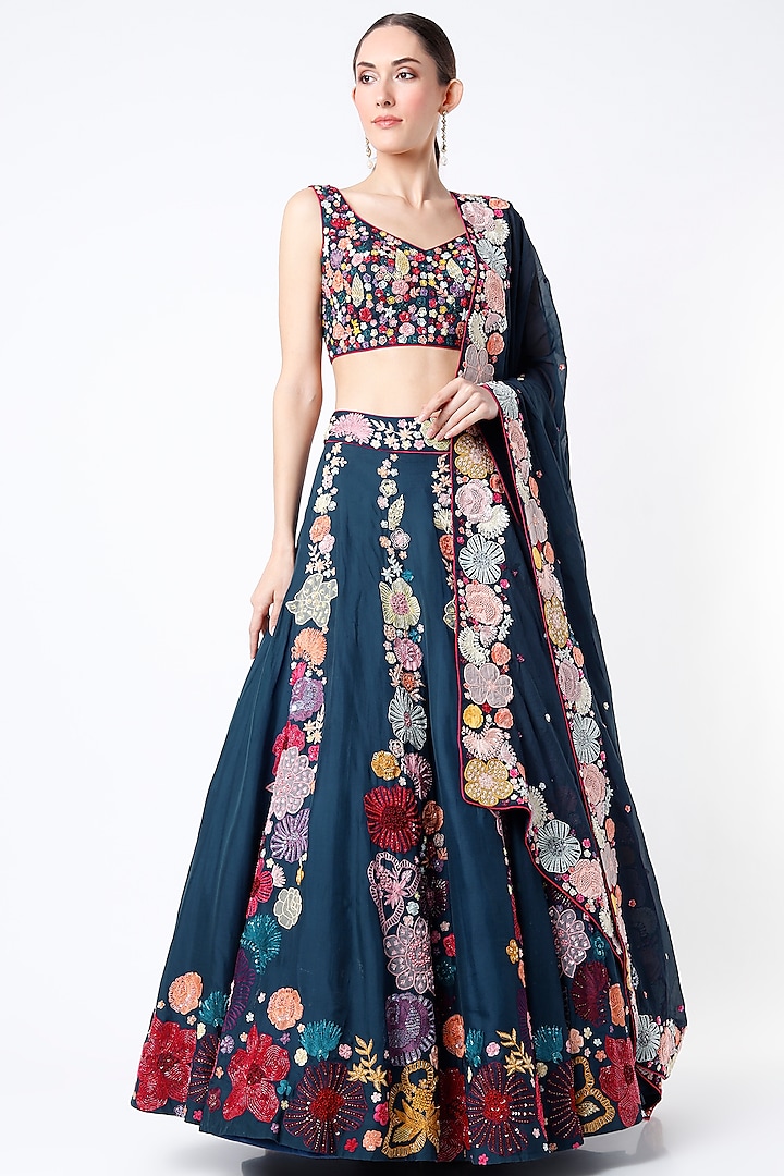 Cobalt Blue Hand Embroidered Bridal Lehenga Set by Mishru at Pernia's Pop Up Shop