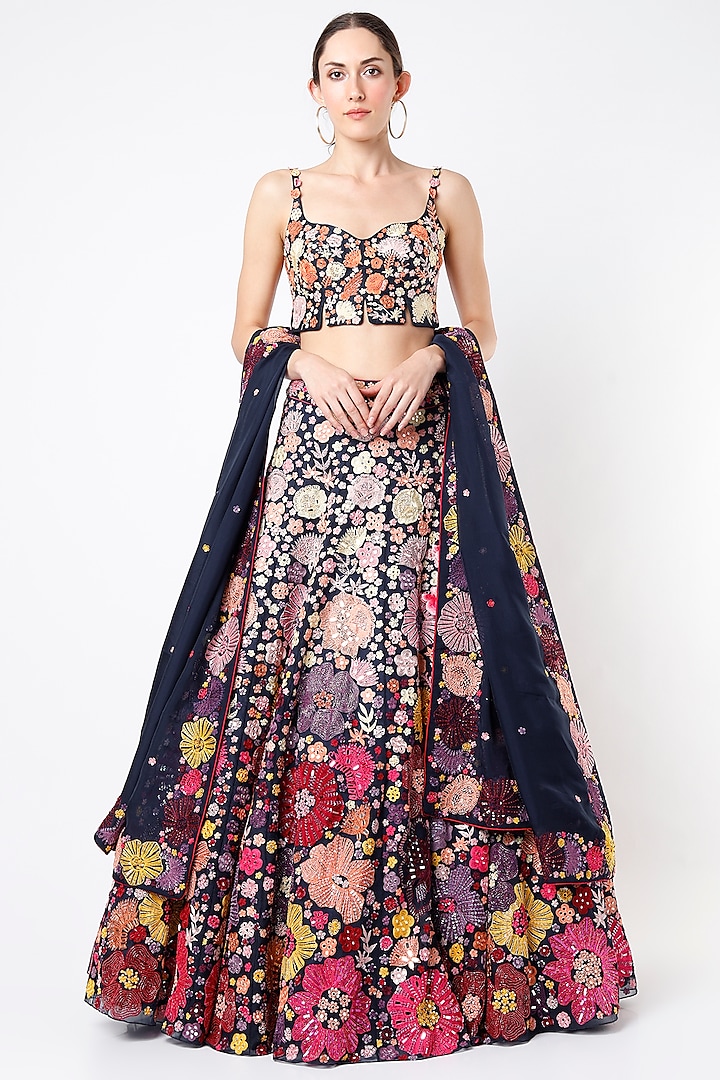 Dark Navy Hand Embroidered Lehenga Set by Mishru