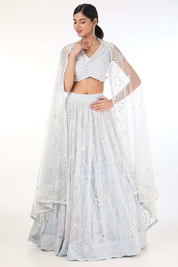 Blue Tulle Embroidered Gathered Kalidar Bridal Lehenga Set by Mishru at Pernia's Pop Up Shop