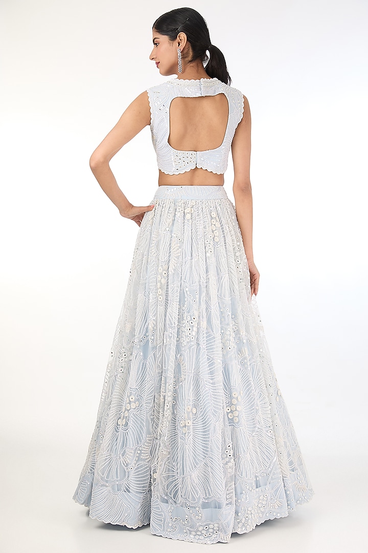 Blue Tulle Embroidered Gathered Kalidar Bridal Lehenga Set by Mishru at Pernia's Pop Up Shop