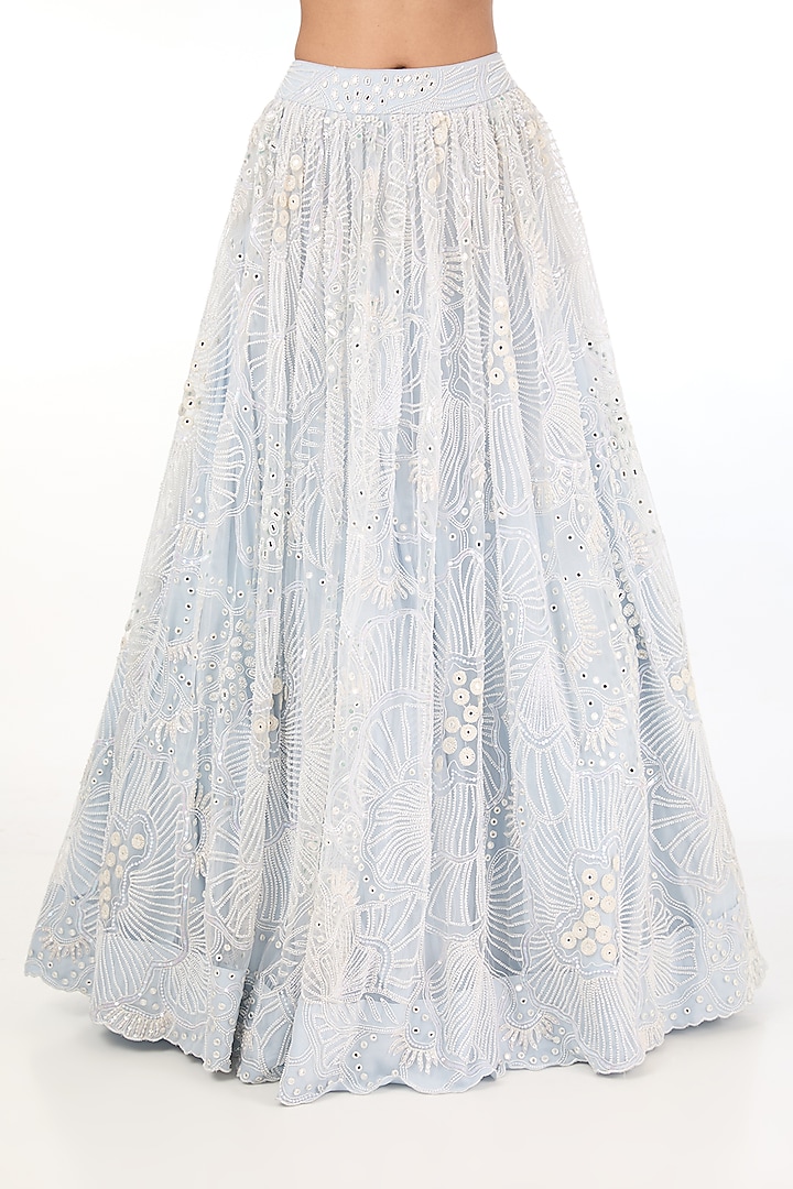 Blue Tulle Embroidered Gathered Kalidar Bridal Lehenga Set by Mishru at Pernia's Pop Up Shop