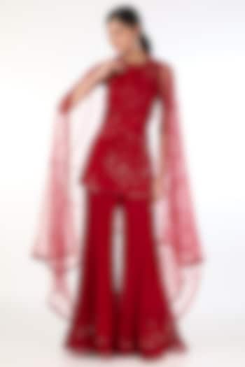 Red Tulle & Crepe Embroidered Peplum Tunic Set by Mishru at Pernia's Pop Up Shop