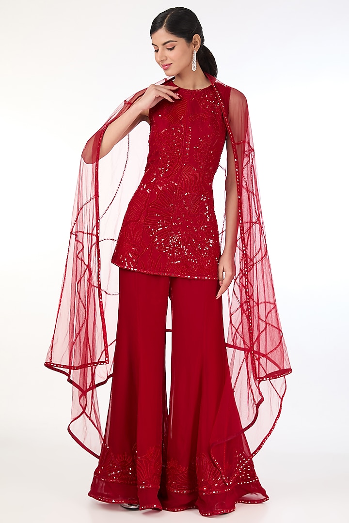Red Tulle & Crepe Embroidered Peplum Tunic Set by Mishru at Pernia's Pop Up Shop