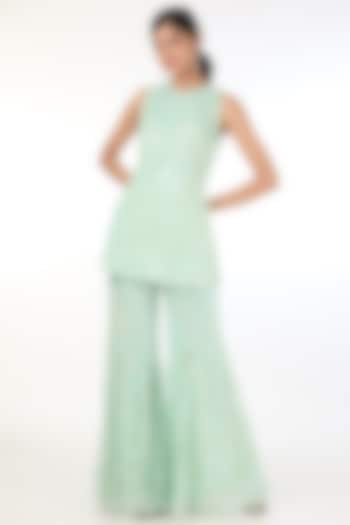 Green Tulle Embroidered Peplum Tunic Set by Mishru at Pernia's Pop Up Shop