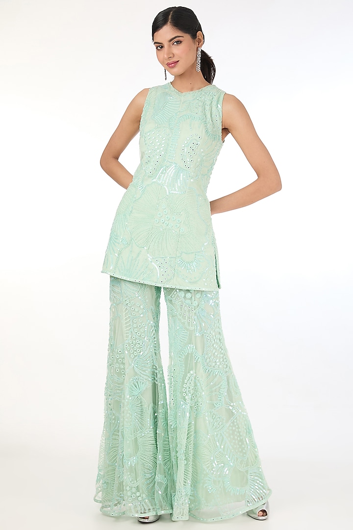 Green Tulle Embroidered Peplum Tunic Set by Mishru at Pernia's Pop Up Shop
