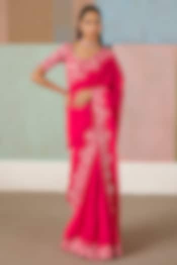 Fuchsia Silk Embroidered Bridal Saree Set by Mishru at Pernia's Pop Up Shop