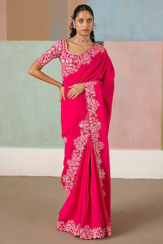Fuchsia Silk Embroidered Saree Set by Mishru