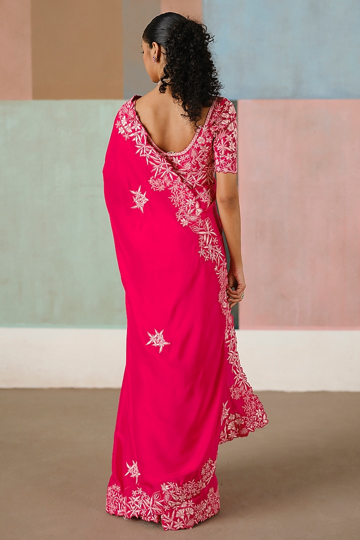 Fuchsia Silk Embroidered Bridal Saree Set by Mishru at Pernia's Pop Up Shop