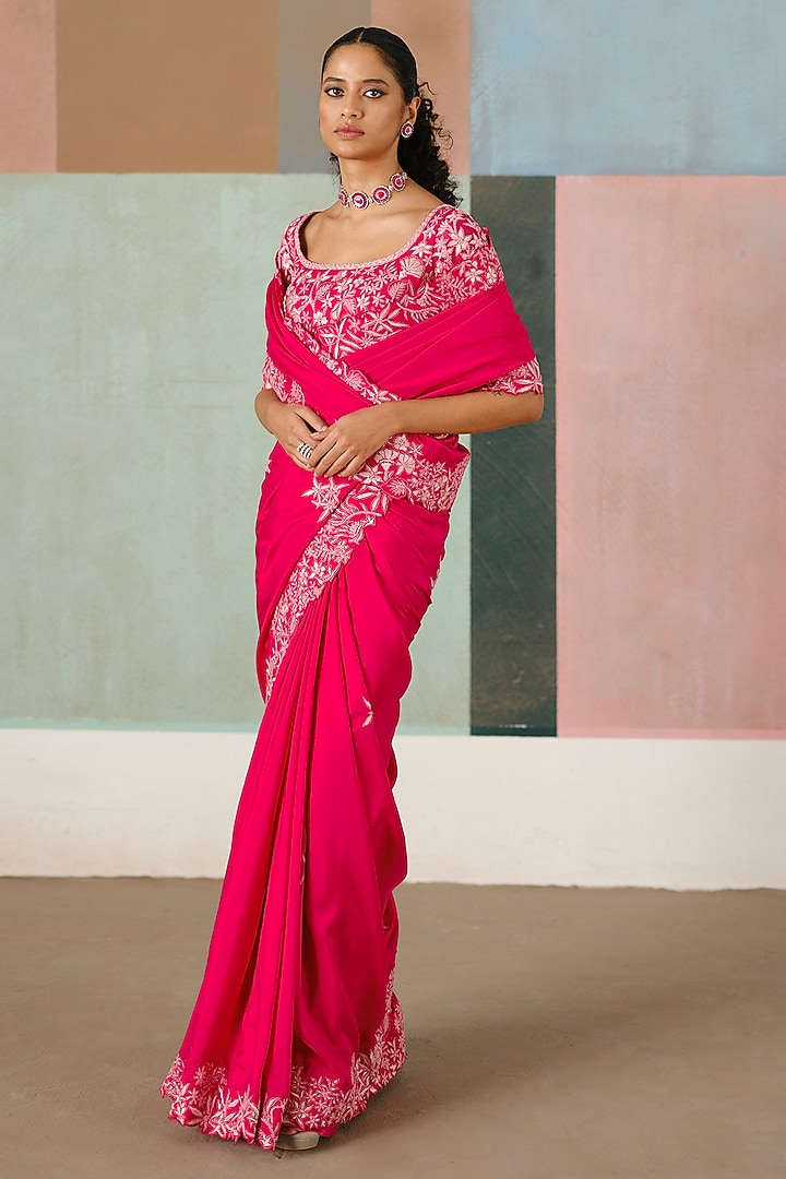 Fuchsia Silk Embroidered Bridal Saree Set by Mishru at Pernia's Pop Up Shop