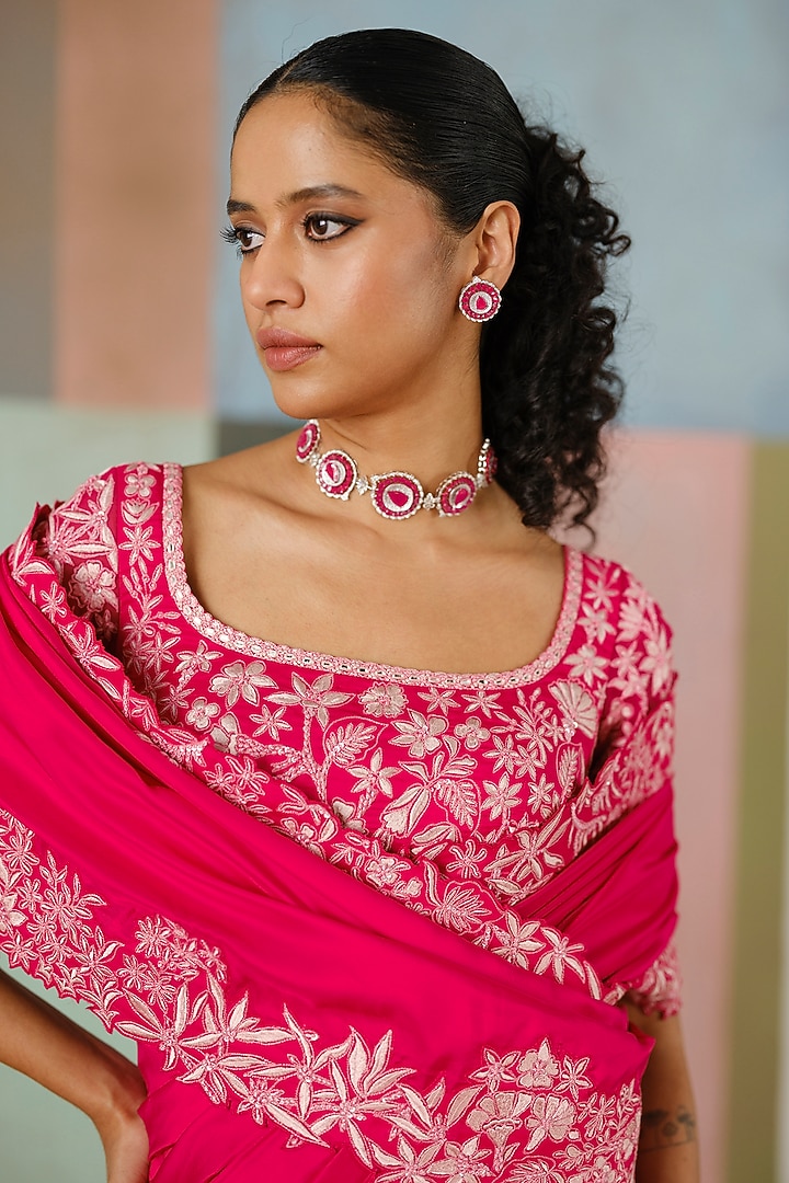 Fuchsia Silk Embroidered Bridal Saree Set by Mishru at Pernia's Pop Up Shop