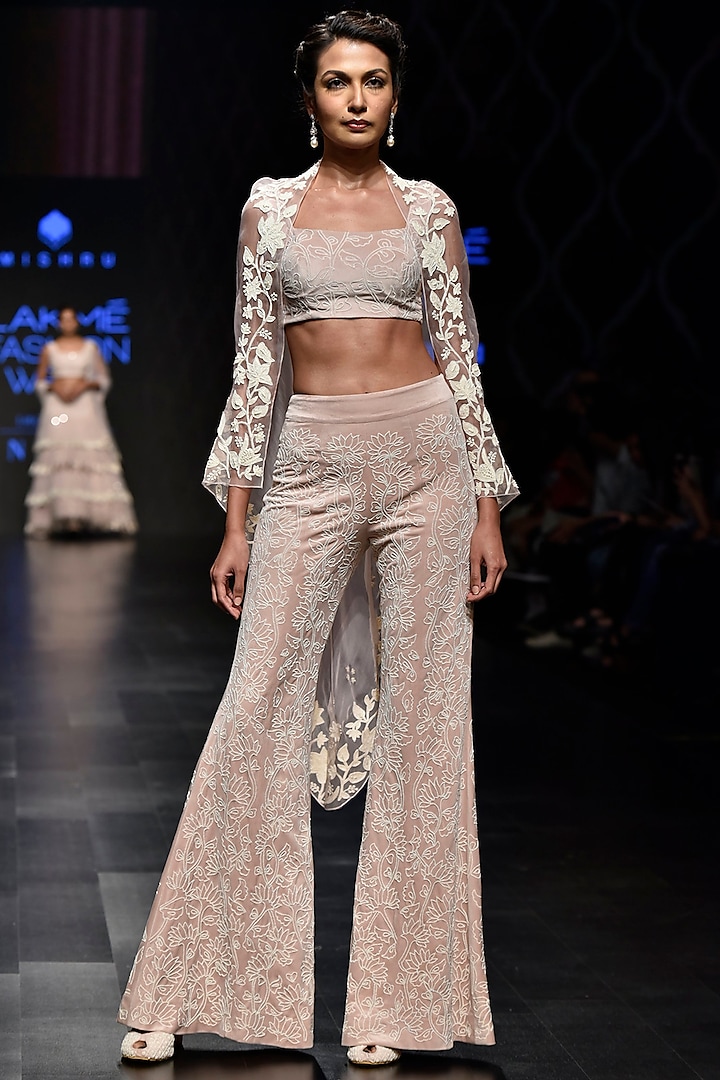 Beige Embroidered Cape With Crop Top & Pants by Mishru