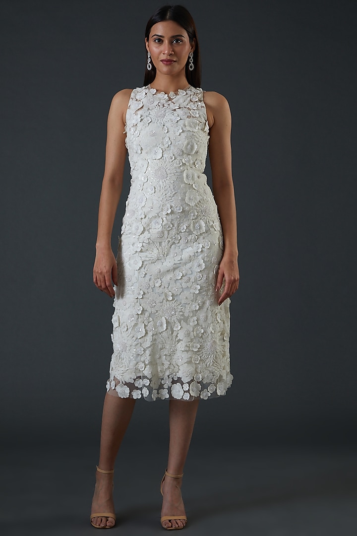 White Net Embroidered Dress by Mishru