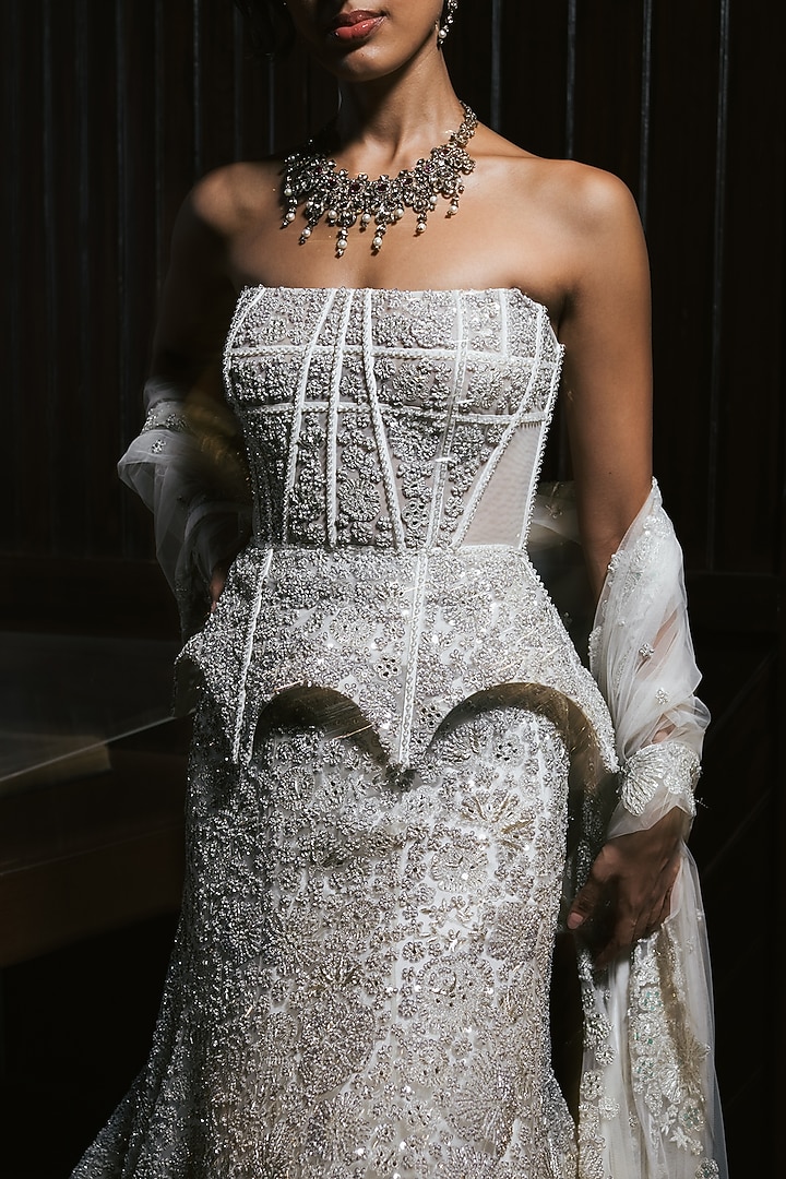 Ivory Tulle Floral Embroidered Skirt Set by Mishru at Pernia's Pop Up Shop
