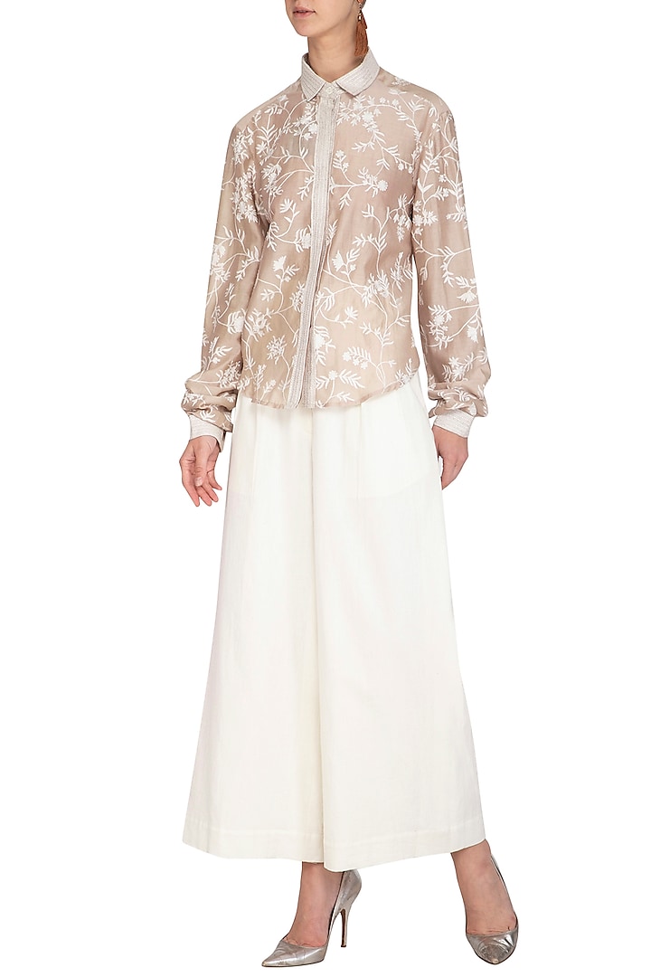 Beige Embroidered Shirt With White Culotte Pants by Mishru