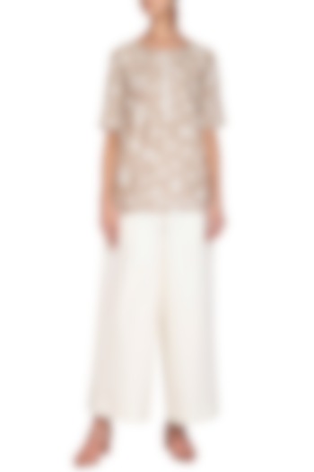 Beige Thread Embroidered Kurta With White Culotte Pants by Mishru