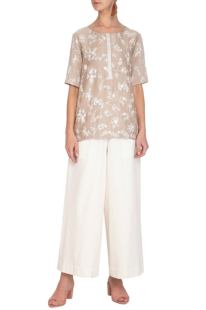Beige Thread Embroidered Kurta With White Culotte Pants by Mishru