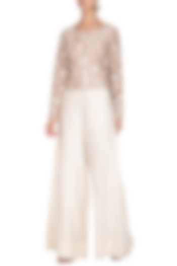 Beige Thread Embroidered Boxy Top With White Pants by Mishru