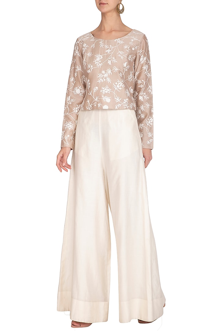 Beige Thread Embroidered Boxy Top With White Pants by Mishru