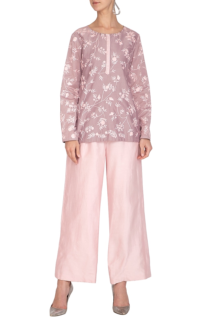 Mauve Embroidered Kurta With Blush Pink Culotte Pants by Mishru