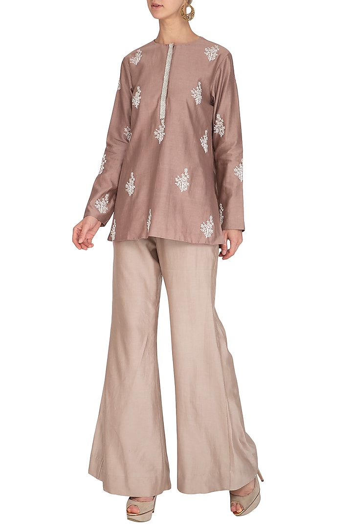 Mauve Grey Embroidered Kurta With Beige Pants by Mishru