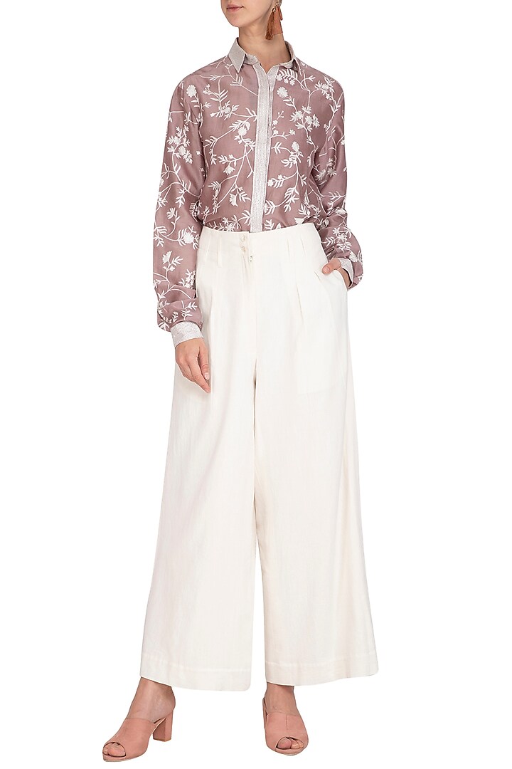 Mauve Embroidered Shirt With Off White Culotte Pants by Mishru
