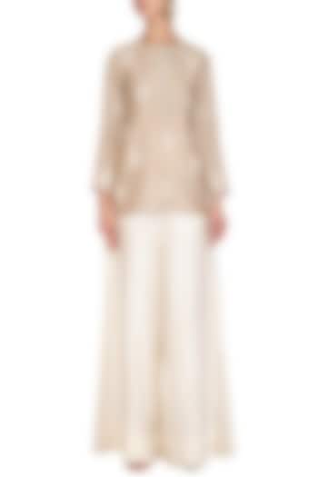 Beige Embroidered Kurta With Off White Pants by Mishru