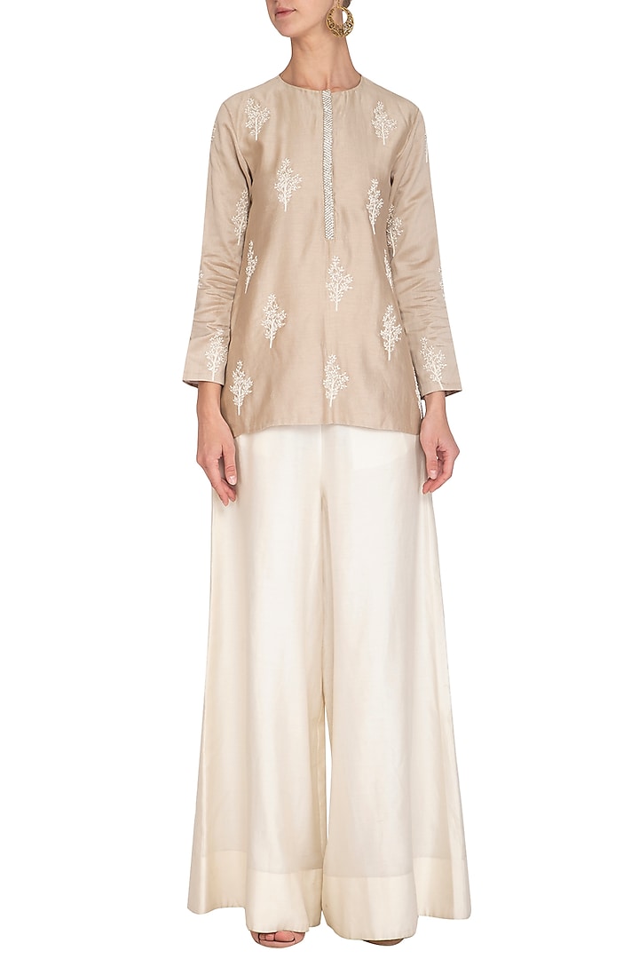 Beige Embroidered Kurta With Off White Pants by Mishru