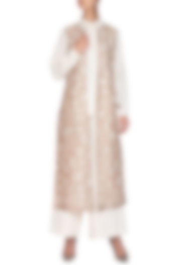 Beige Embroidered Jacket With White Shirt & Culotte Pants by Mishru