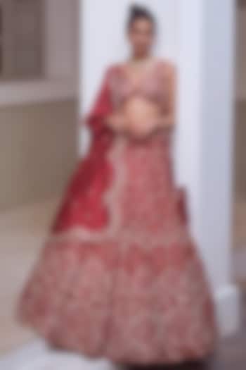 Deep Red Embroidered Bridal Lehenga Set by Mishru