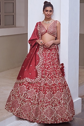 Deep Red Embroidered Bridal Lehenga Set by Mishru