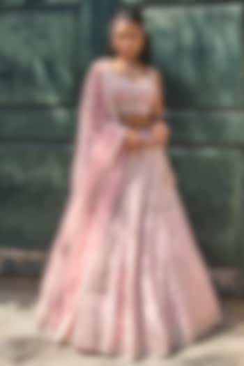 Blush Pink Embroidered Bridal Lehenga Set by Mishru