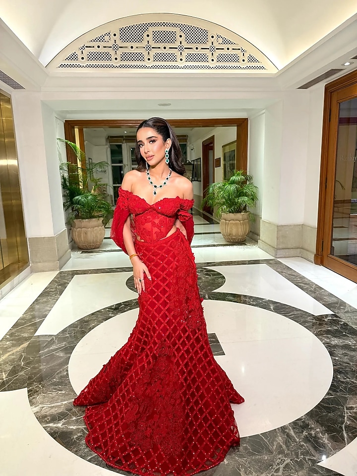 Red Tulle Bridal Lehenga Set by Mishru at Pernia's Pop Up Shop